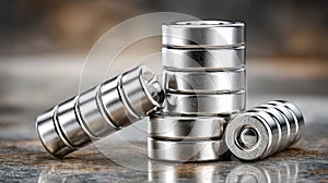 Stack of shiny silver neodymium magnets on metallic surface