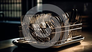 Stack of shiny stainless steel kitchen utensils on wooden table generated by AI