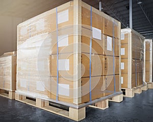 Stack of shipment boxes on wooden pallet. Cargo & shipping warehousing, Logistics and transportation