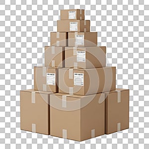 Stack of shipping boxes isolated on transparent background