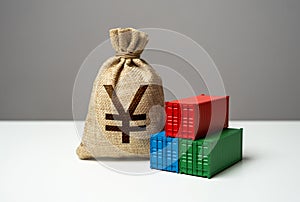 Stack of shipping containers and japanese yen money bag.