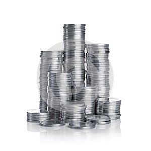 Stack of silver coins isolated on white