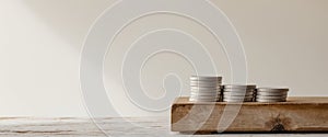 A stack of silver coins on a wooden surface