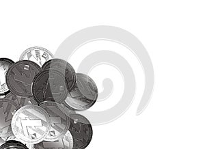 Stack of silver Litecoins in bottom-left corner isolated on white and copy space for your text.