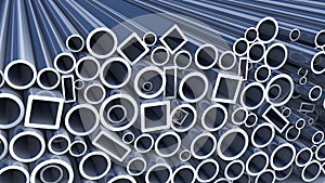 Stack of silver steel pipes on gray background