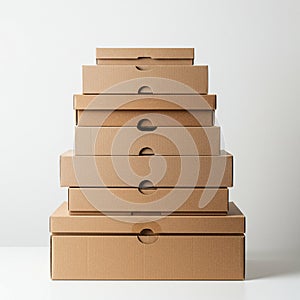 A stack of six cardboard boxes of varying sizes is arranged in a pyramid shape. The