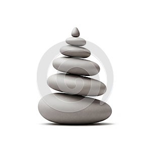 A stack of six smooth gray stones arranged vertically on a white background