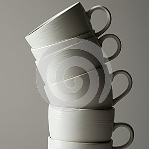 A stack of six white ceramic cups is balanced in a precarious leaning arrangement
