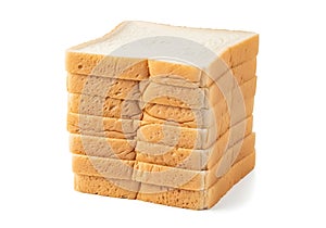 Stack of sliced white bread on a white background