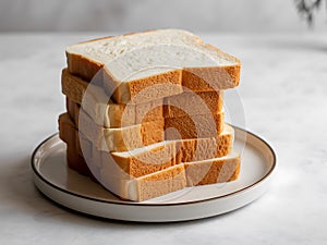 Stack of sliced white bread on a white plate