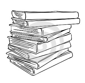 Stack of sloppy folded various books in black and white colors, outline hand painted drawing