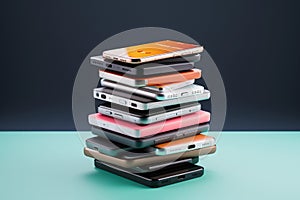 Stack of smartphones and electronic devices. Resale of old gadgets concept. AI generated