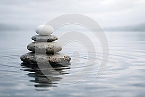 Zen Stone Stack Balanced on Water with Ripples stones