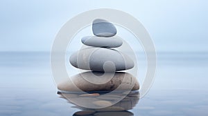 Stack of smooth pebbles in shallow water on the seaside, pebble cairn. Stone stack in a calm misty ocean. Generative AI