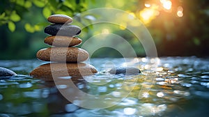A stack of smooth stones in a shallow river with sunlight and green foliage in the background