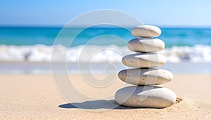 A stack of smooth, white pebbles is arranged on a sandy beach.