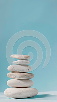 Stack of smooth white stones on a blue background