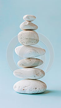 Stack of smooth white stones on a pale blue background