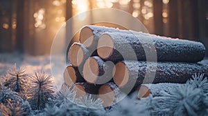 A Stack of Snow-Covered Logs in a Winter Forest