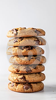 Stack of Soft Baked Chocolate Chip Cookies with Melted Chocolate Chunks
