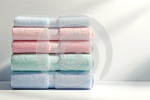 stack of soft terry towels of pastel colors on a white background, copy space