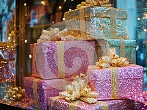 Stack of Sparkling Gift Boxes with Golden Bows