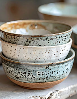 Stack of Speckled Ceramic Bowls in Blue Green and White