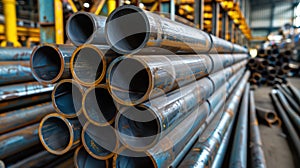 Stack of steel pipes in industrial warehouse ready for construction.