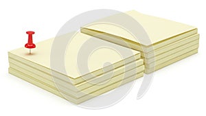 Stack of sticky notes with a red thumbtack isolated on white background