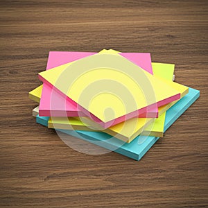 Stack of sticky notes in various bright colors including yellow, pink, green, and blue,