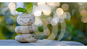 Stack of stones with drawn happy face and green leaves on table against blurred background. Zen concept