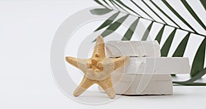 Stack stones platform podium, starfish, palm leaf on gray light copy spase background. Minimal empty display product presentation