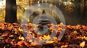 Stack of Balanced Stones on Colorful Fall Leaves in a Park Setting