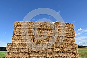 Stack of straw, square balers straightened in the field. Blue sky