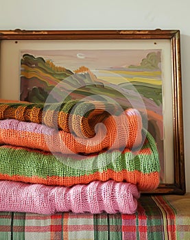 A stack of striped knit sweaters displayed on an interior shelf next to a work of art