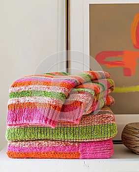 A stack of striped knit sweaters displayed on an interior shelf next to a work of art