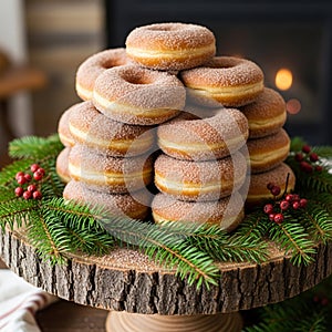 A stack of sugar-coated donuts displayed on a rustic wooden stand.