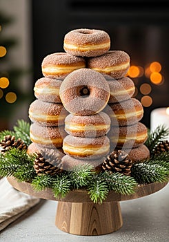 A stack of sugar-coated donuts displayed on a rustic wooden stand.