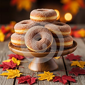 A stack of sugar-coated donuts is displayed on a wooden cake stand.
