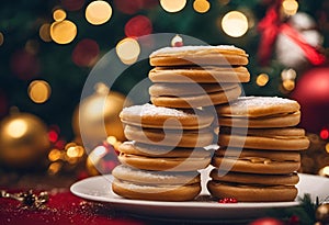 a stack of sugar cookies sitting on a plate next to a christmas tree