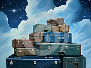 Stack of suitcases, dream vacation, movie style background