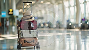 Stack suitcases of varying sizes and colors with a straw hat on top, placed on a luggage trolley. AI generated