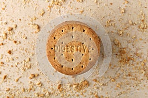 Stack of sweetmeal digestive biscuits closeup of a pile of biscuits on a texture background
