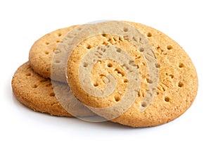 Stack of sweetmeal digestive biscuits isolated on white. photo
