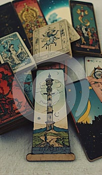 A stack of tarot cards featuring the Tower card, set on a wooden table