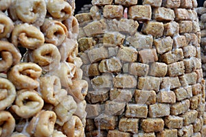 Stack of tasty indian local sweet called Balusai and goja