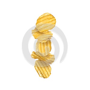 Stack of tasty ridged potato chips on white background