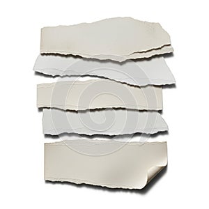 Stack of tattered paper sheets isolated on white background