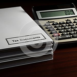Stack of Tax Documents with Calculator