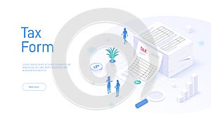 Stack of tax documents in isometric style. Concept of taxation, financial paperwork, and government compliance